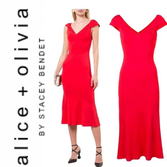 NWT ALICE + OLIVIA dress red dress cocktail v-neck elegant size 6 midi